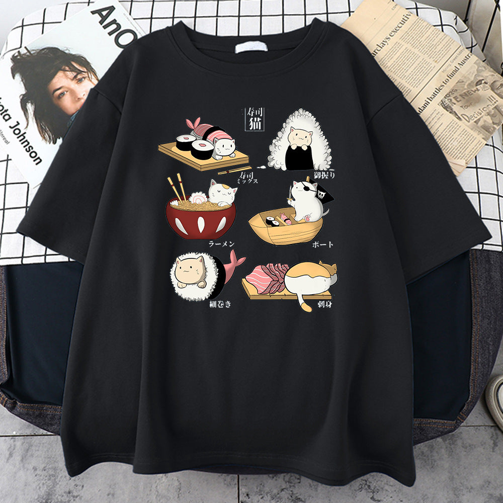 H Cute Cat Sushi Cartoon Style Mens Cotton Short Sleeve