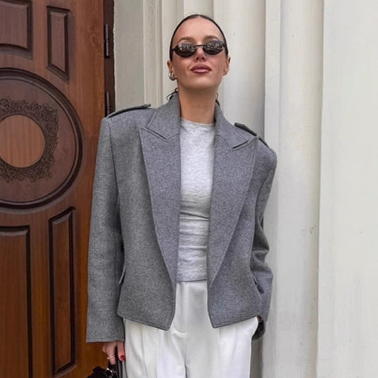 Gray Suit Jacket Women's Woolen Padded Shoulder Suit Jacket