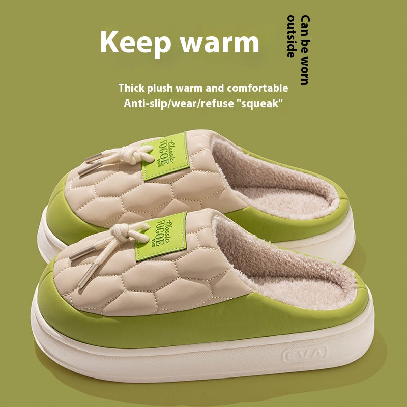 New Colorblock Plush Slippers Winter Warm Fleece Shoes House Indoor Waterproof Thick-soled Home Slipper For Women Men Couple