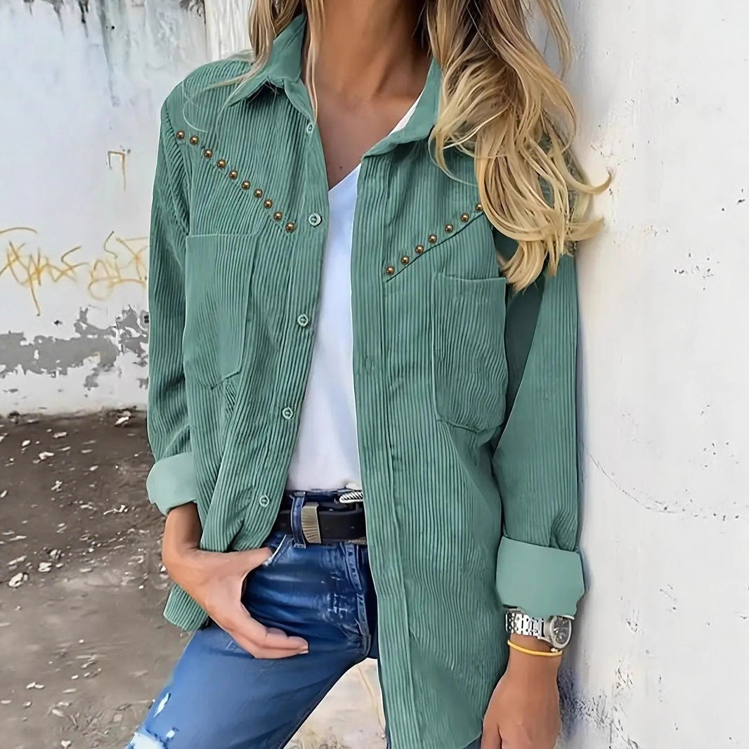 Women's Corduroy Jacket Simple Casual Rivet Pocket Shirt Jacket