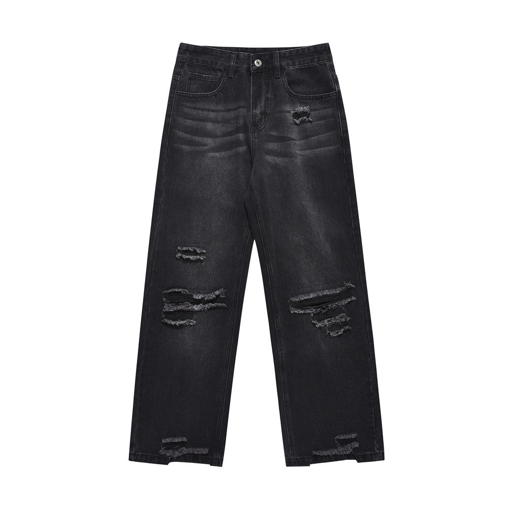 Distressed Wide Leg Denim Trousers For Men