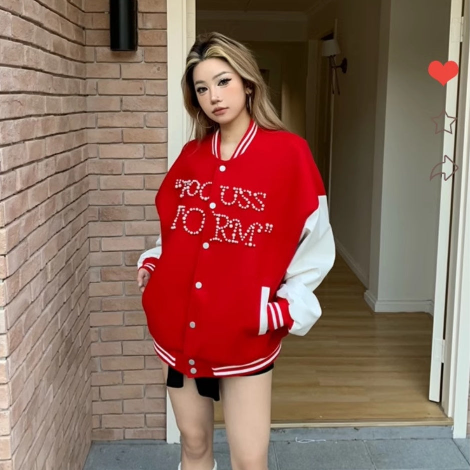 Retro Baseball Jacket Women's Beaded Jacket Loose Top