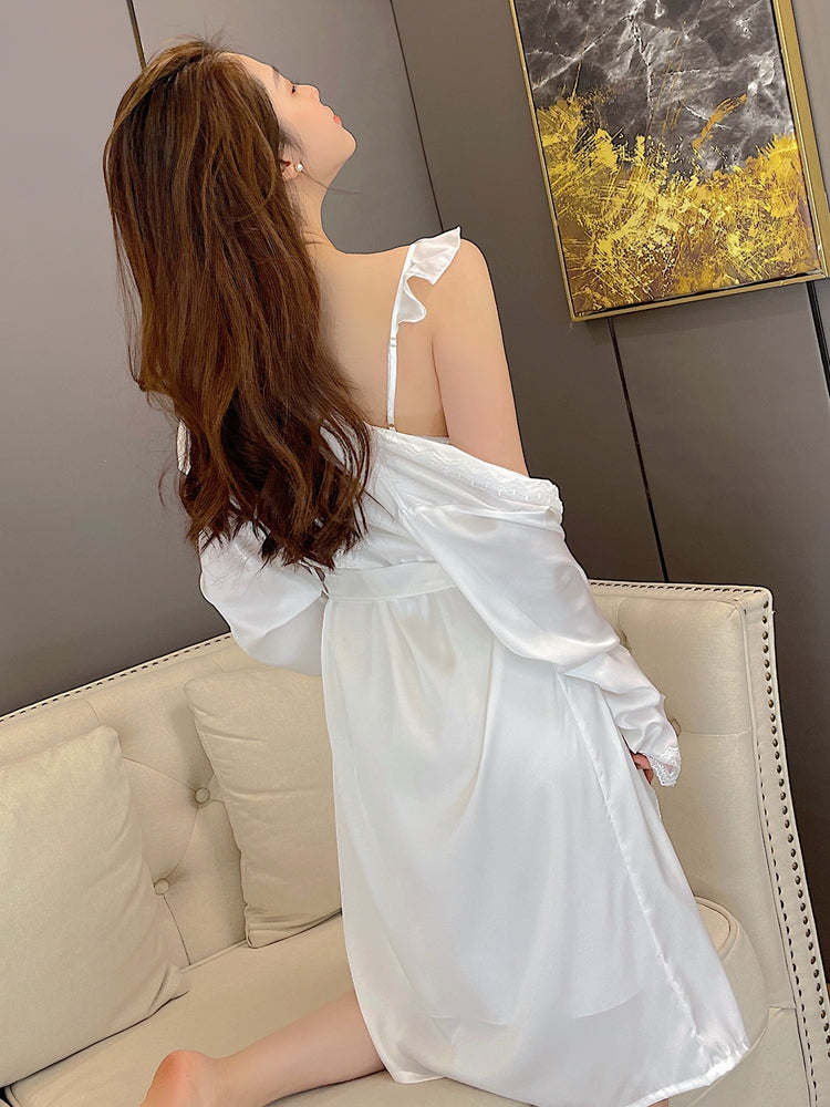 Sexy Pajamas Women New Spring And Summer Sling Lace Nightdress Two-Piece Ice Silk Net Red Night Gown Home Service
