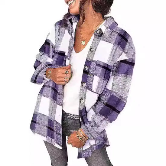 Fashionable Jacket Women's Brushed Woolen Jacket Plaid