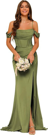 Off-the-shoulder Satin Bridesmaid Corset Ball Gown