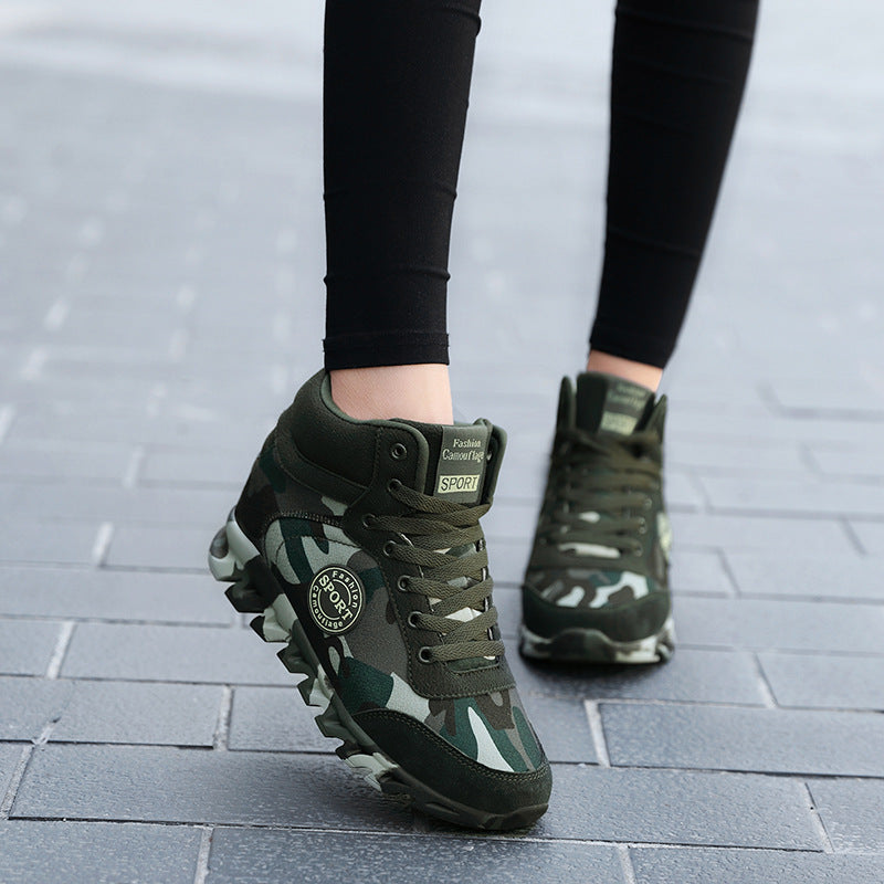 Women's green camouflage platform sneakers - front view height increasing casual shoes