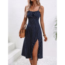 New Polka Dot Print Suspender Dress Summer Sexy Split Long Dresses For Womens Clothing