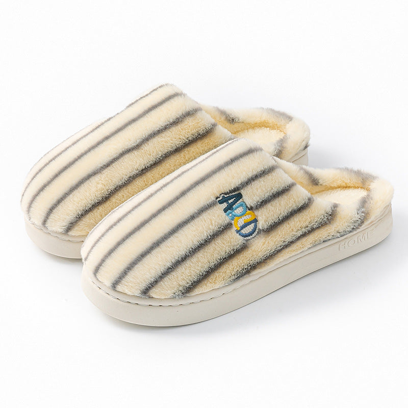 Ins Plush Striped Slippers Winter Warm Letter Embroidered Shoes Fashion Floor Bedroom Home Slipper For Women Men Couples