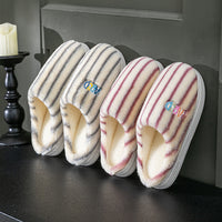 Ins Plush Striped Slippers Winter Warm Letter Embroidered Shoes Fashion Floor Bedroom Home Slipper For Women Men Couples