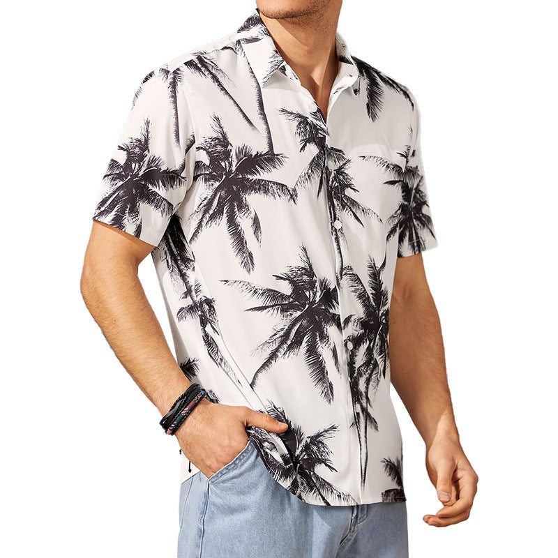 Mens Hawaiian Beach Print Casual White Short Sleeves