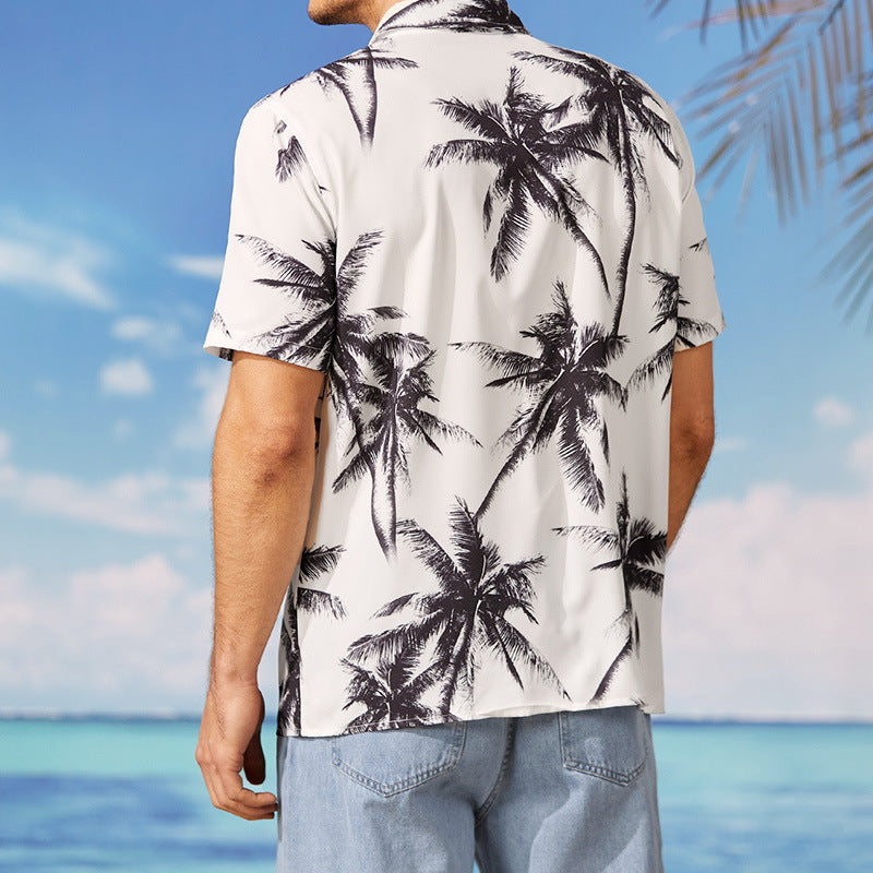 Mens Hawaiian Beach Print Casual White Short Sleeves