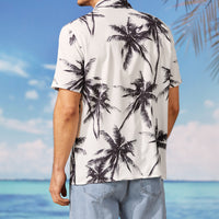 Mens Hawaiian Beach Print Casual White Short Sleeves