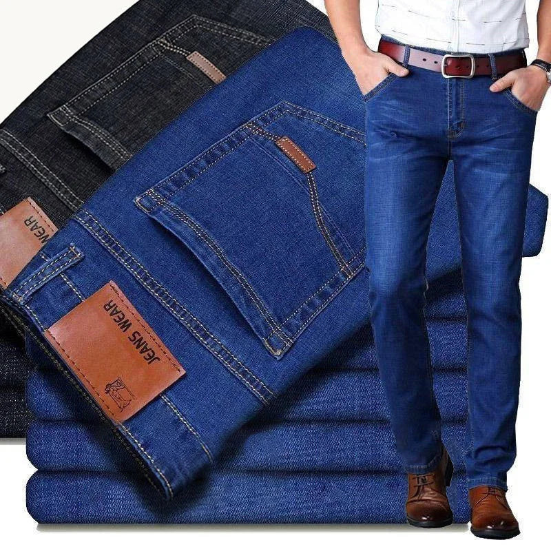 Men's Business Casual Jeans 2025 - Classic Stretch Slim Fit Denim Pants | Black Blue Trousers
