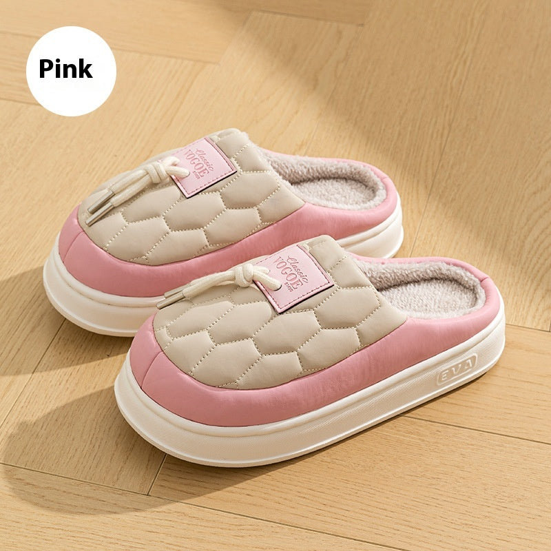New Colorblock Plush Slippers Winter Warm Fleece Shoes House Indoor Waterproof Thick-soled Home Slipper For Women Men Couple