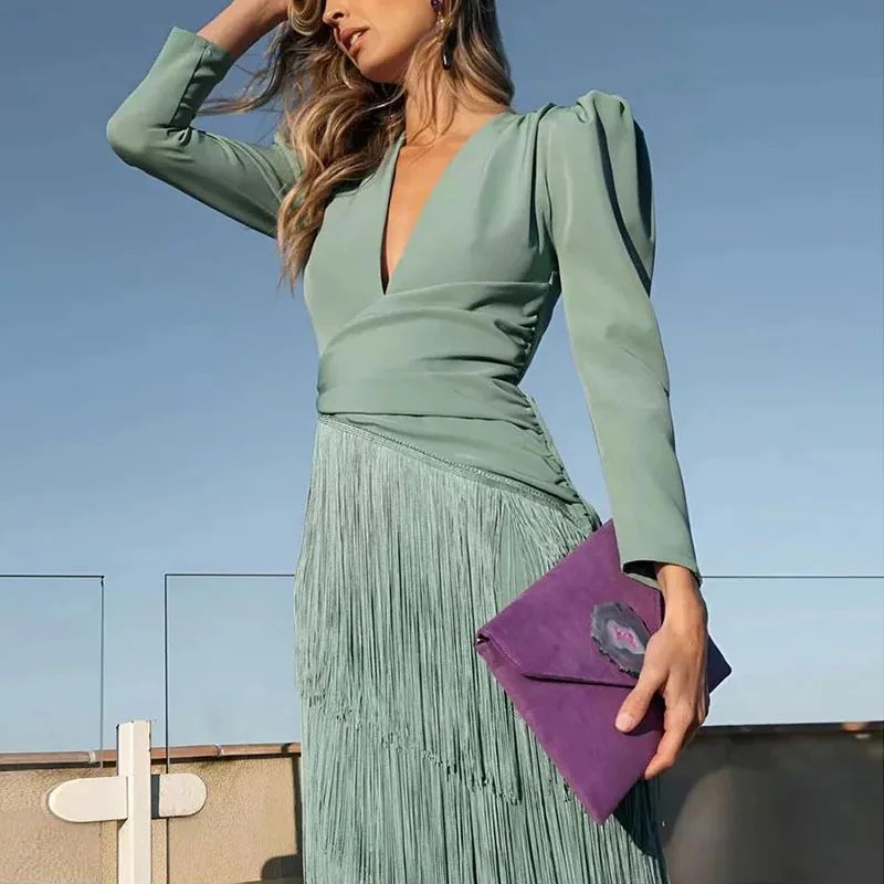 French Elegant Deep V Neck Slim Prom Dresses