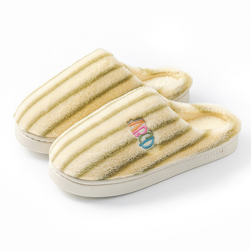 Ins Plush Striped Slippers Winter Warm Letter Embroidered Shoes Fashion Floor Bedroom Home Slipper For Women Men Couples