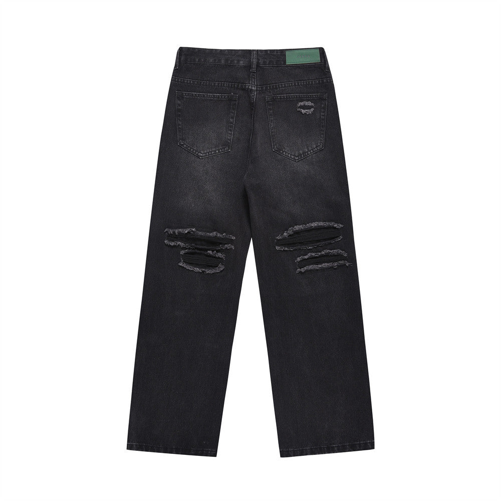 Distressed Wide Leg Denim Trousers For Men