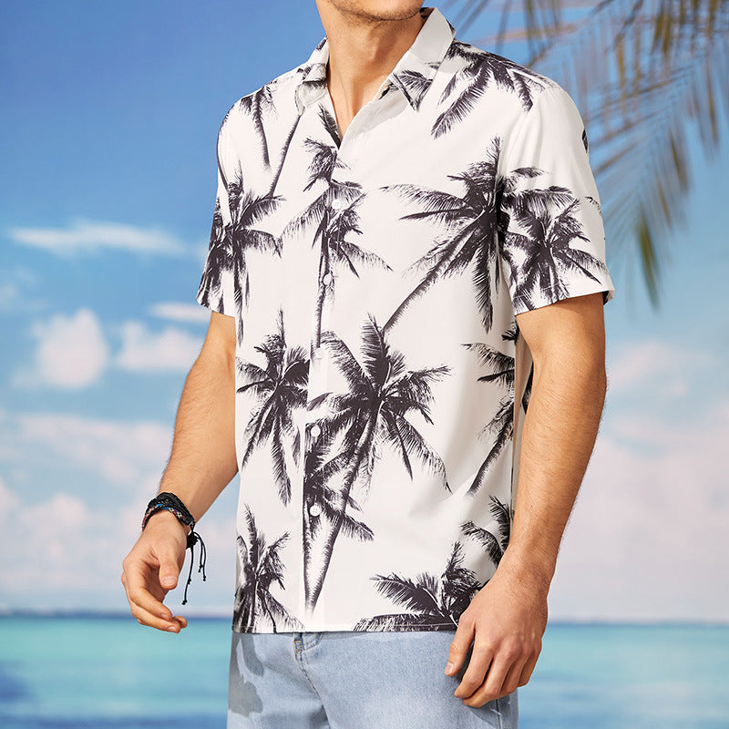 Mens Hawaiian Beach Print Casual White Short Sleeves