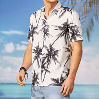 Mens Hawaiian Beach Print Casual White Short Sleeves