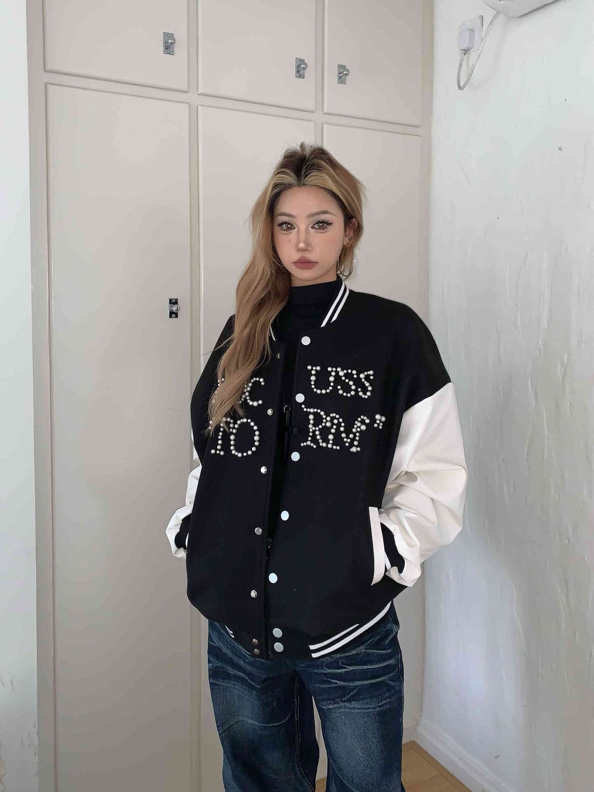 Retro Baseball Jacket Women's Beaded Jacket Loose Top